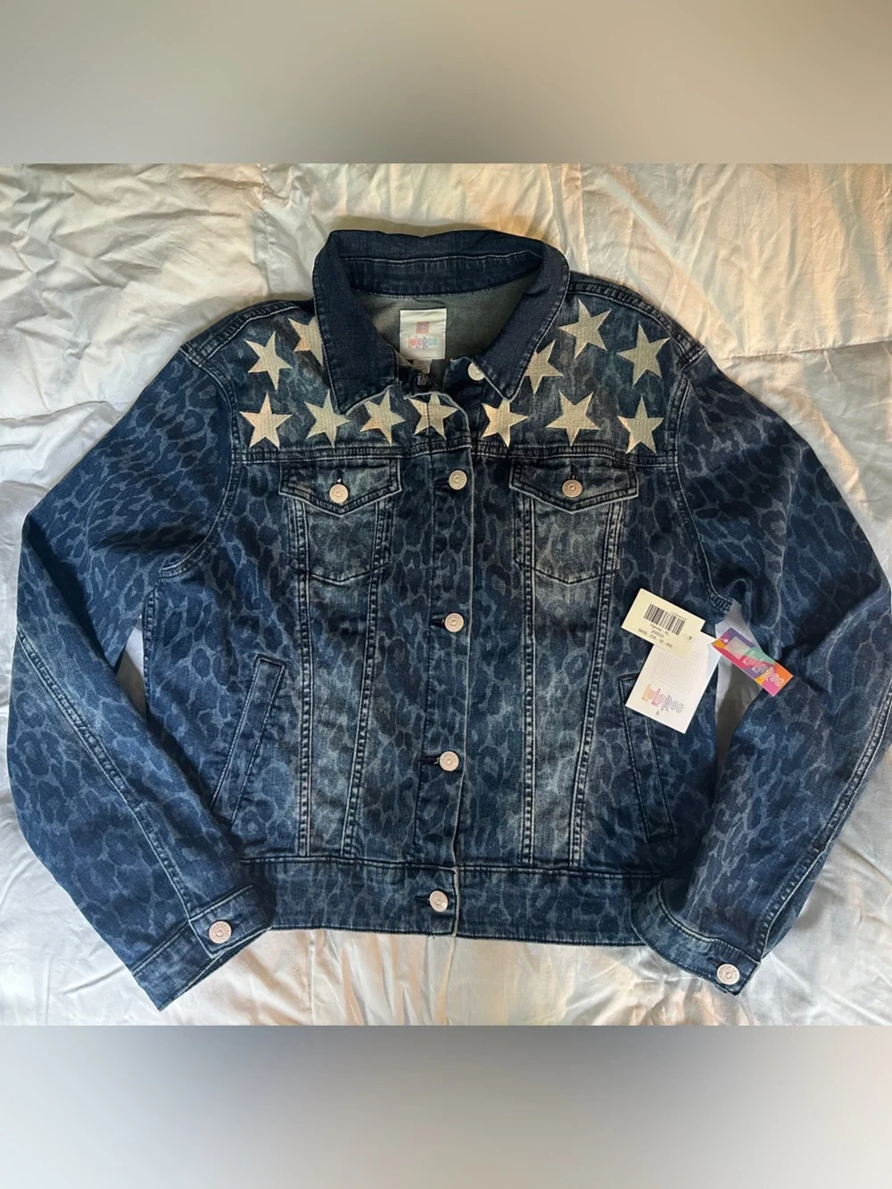 LuLaRoe Dark Blue Denim Jacket with White Star Accents